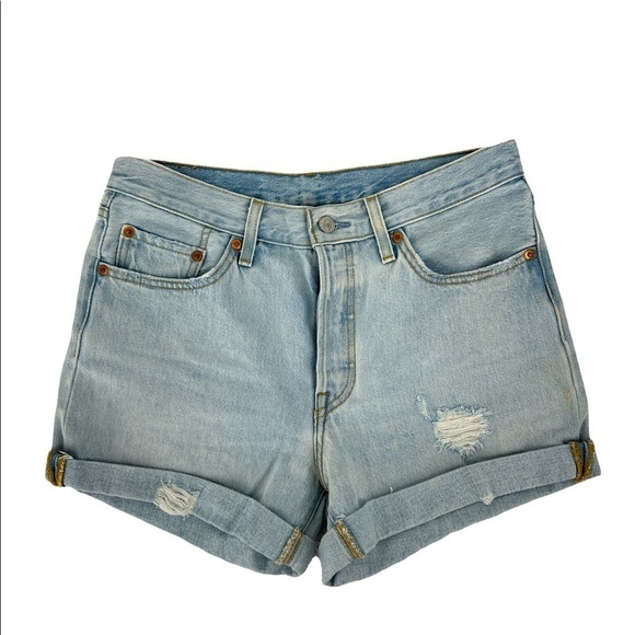 Levi’s 501 Hi-Waist distressed denim cuffed shorts Size 28 New - Picture 1 of 9